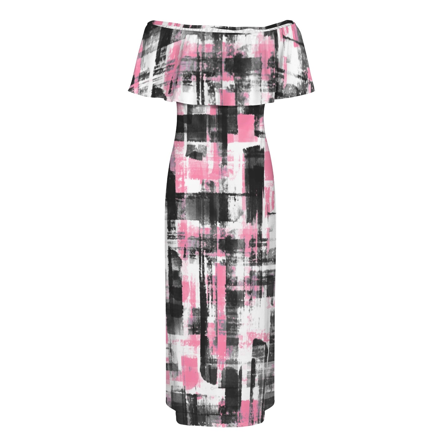 Pink, Black & White Women's Off Shoulder Dress