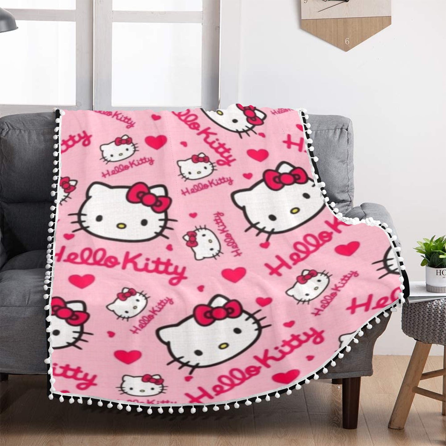 Hello Kat Pom Pom Fringe Blanket 30"x40"