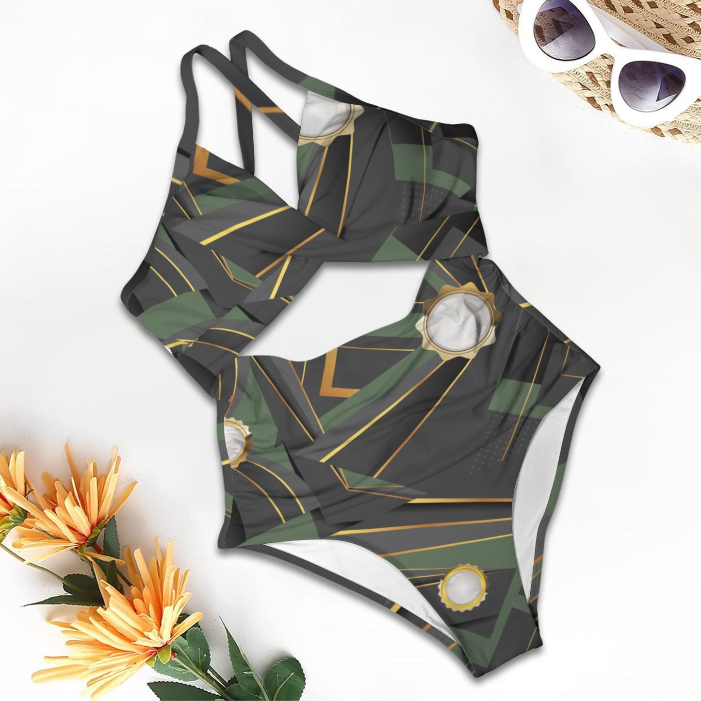Abstract Green Women's Twist Front Tie Back Swimsuit