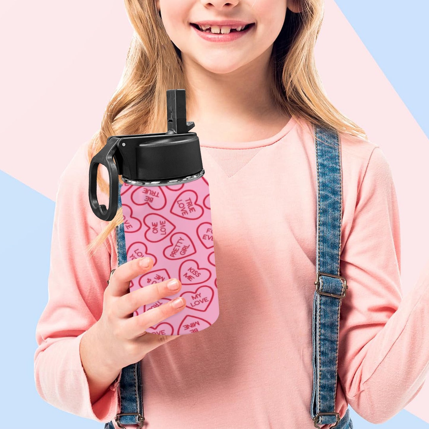 Pink Love Language Kids Water Bottle with Straw Lid (12 oz)
