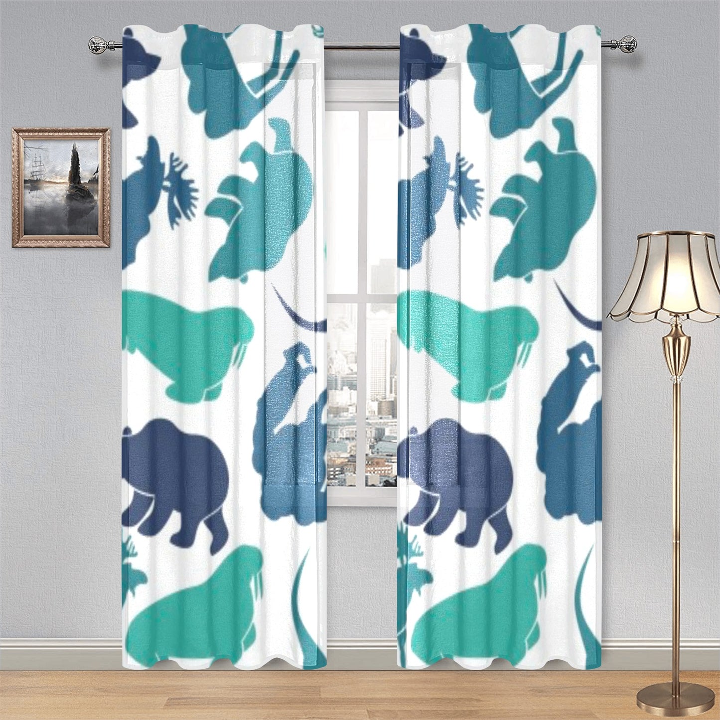 Blue Animals Gauze Curtain 28"x84" (Two-Piece)