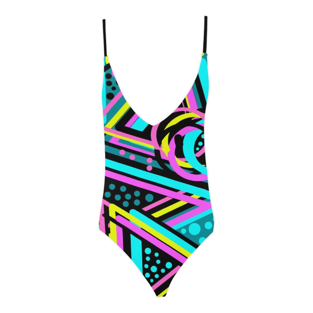 Colorful Geometric Sexy Lace Backless One-Piece Swimsuit
