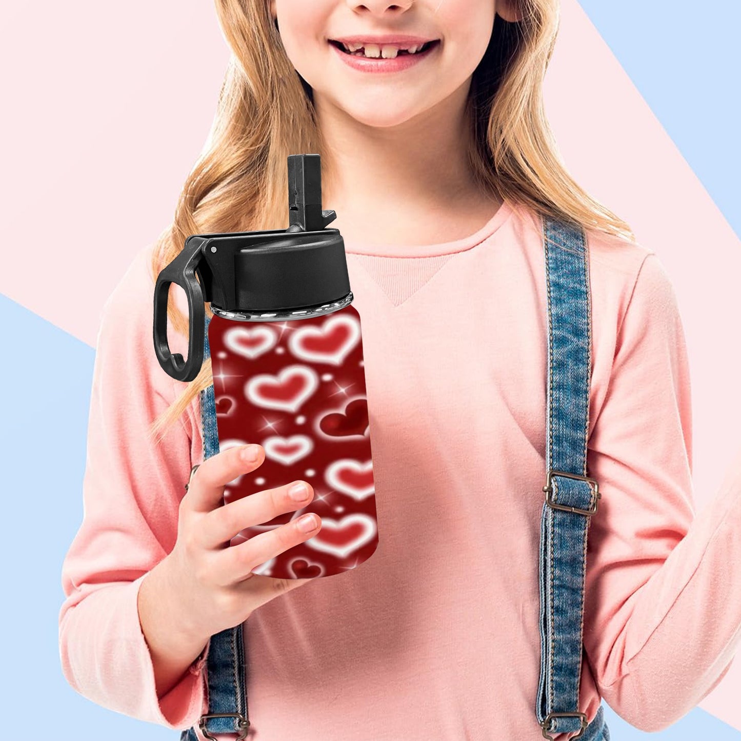 Red Valentines Day Kids Water Bottle with Straw Lid (12 oz)