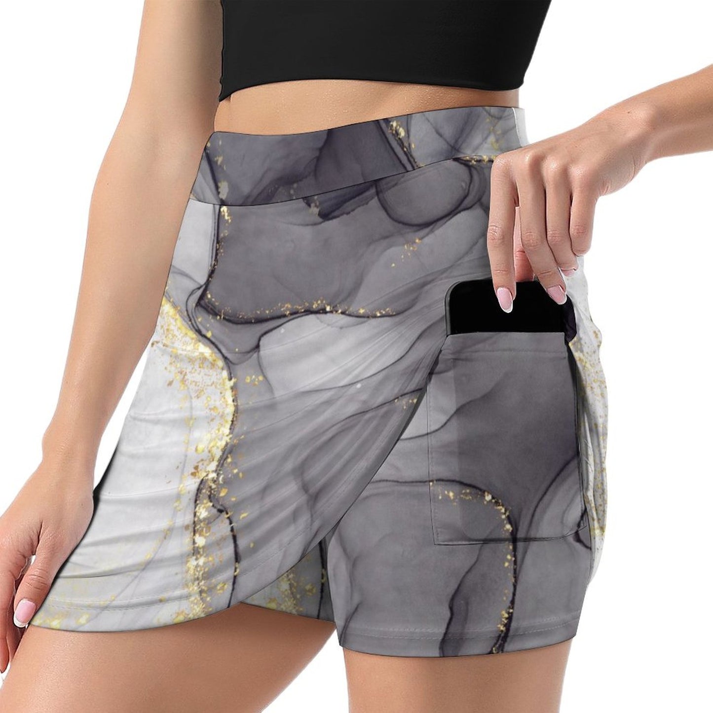 Black and Gray Marble Anti-Emptied A-Line Skirt with Pocket skort