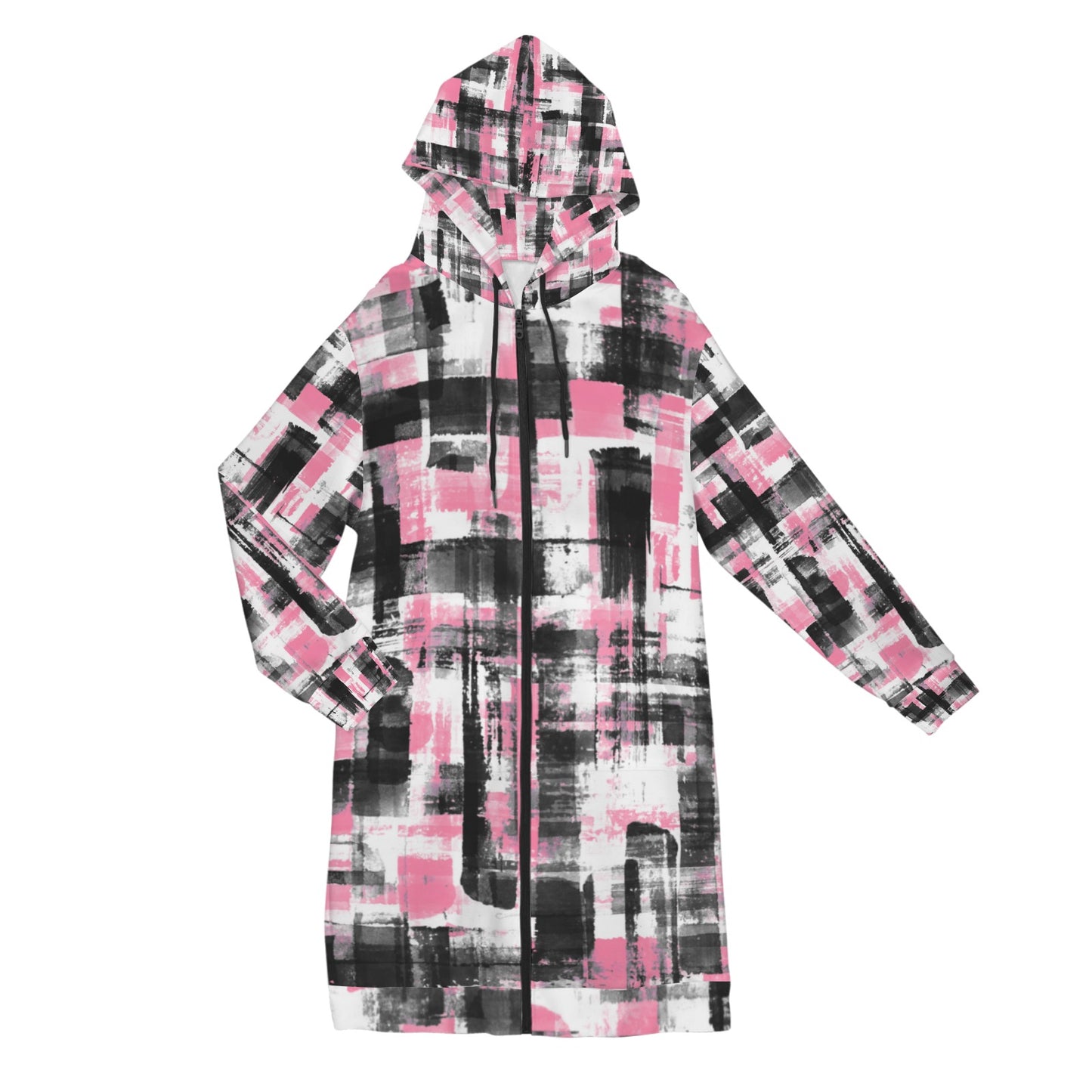 Pink, Black & White Women's Long Hooded Coat