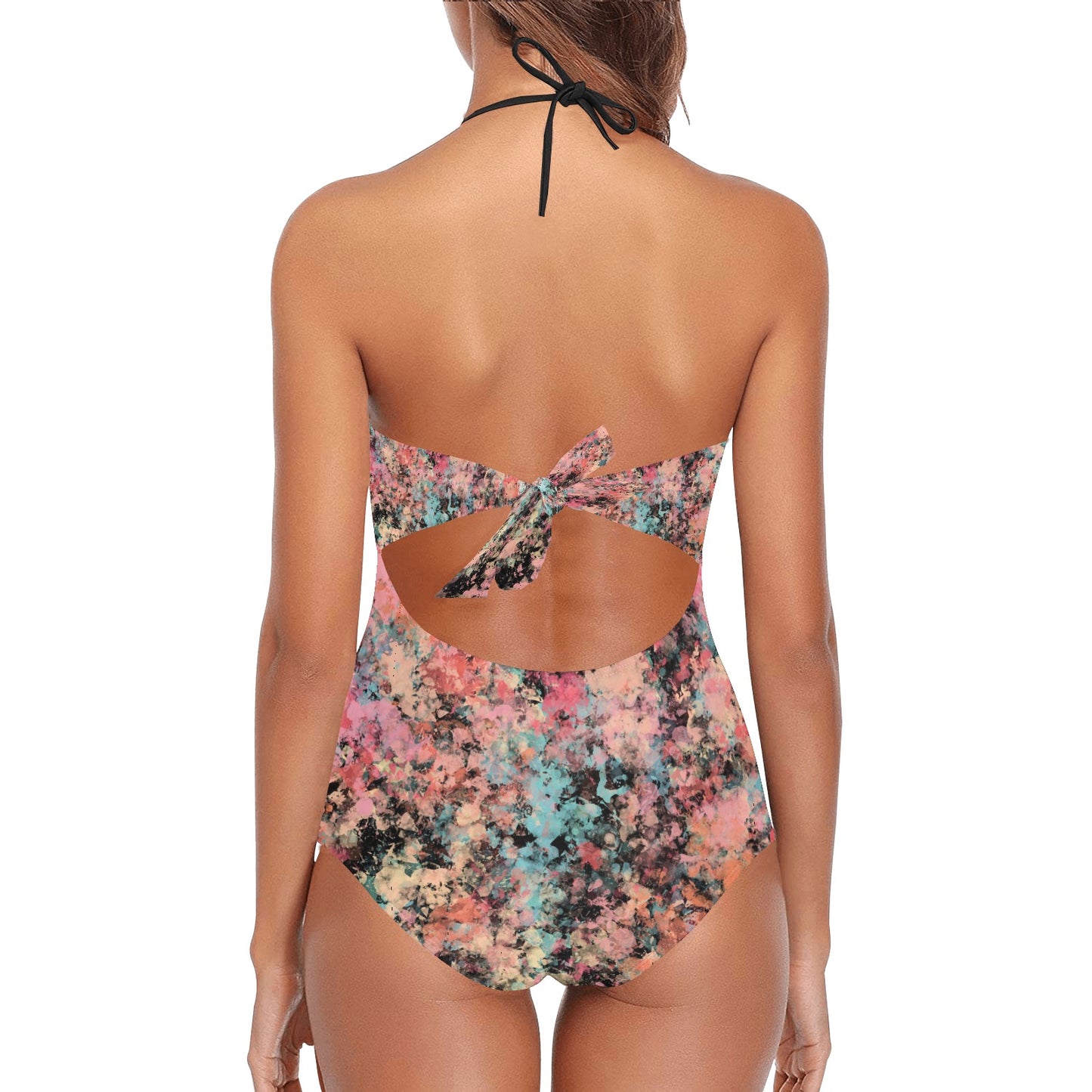 Peach Granite Lace Band Embossing Swimsuit