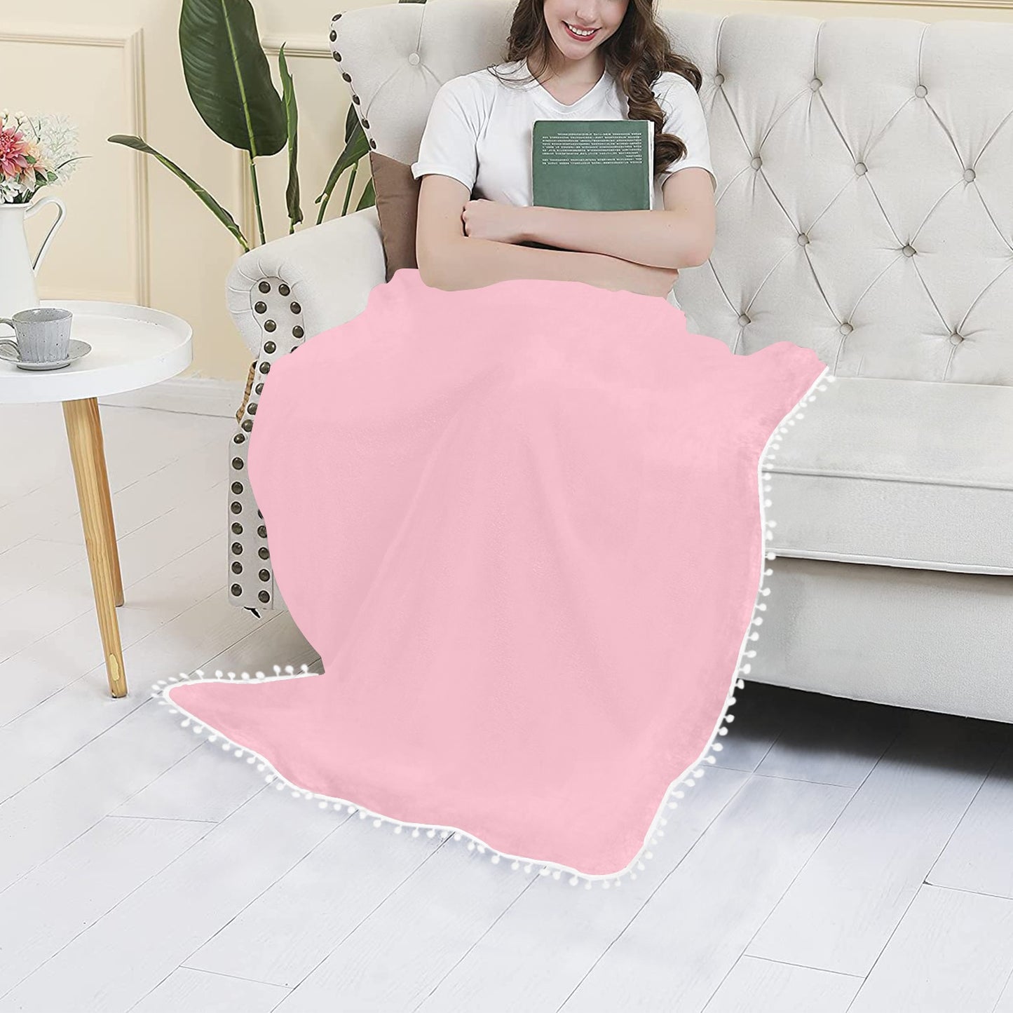 Pink Pom Pom Fringe Blanket 30"x40"