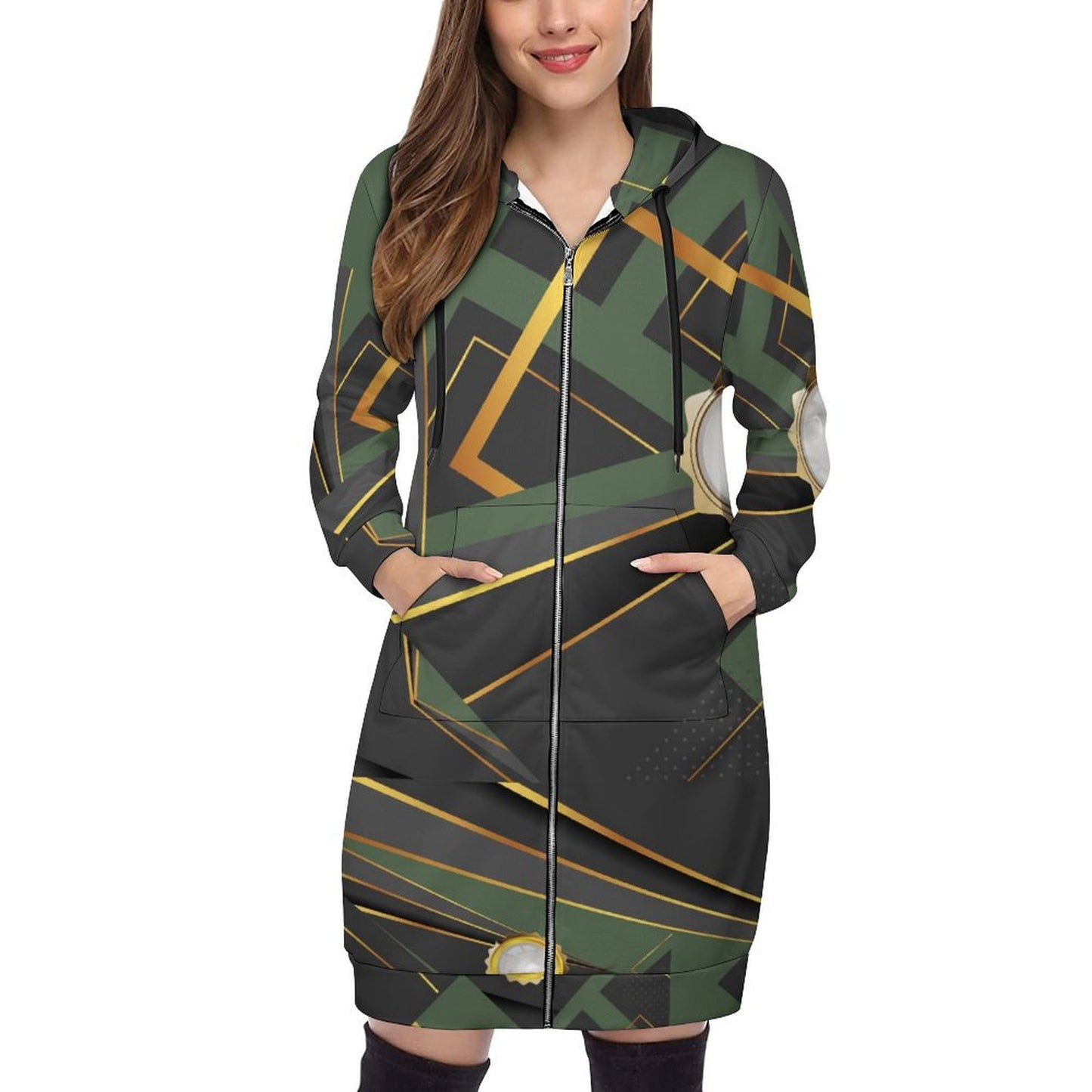 Abstract Green Women Hooded Sweatshirt Dress
