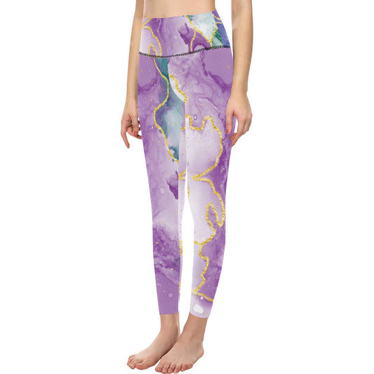 Purple, Green Marble High-Waisted Leggings