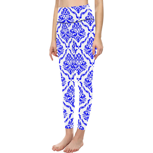 White & Royal Blue High-Waisted Leggings