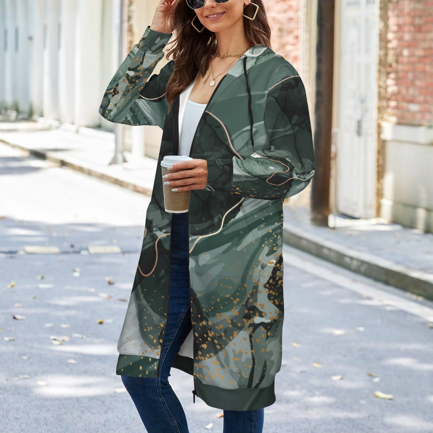 Green Marble Women's Long Hooded Coat