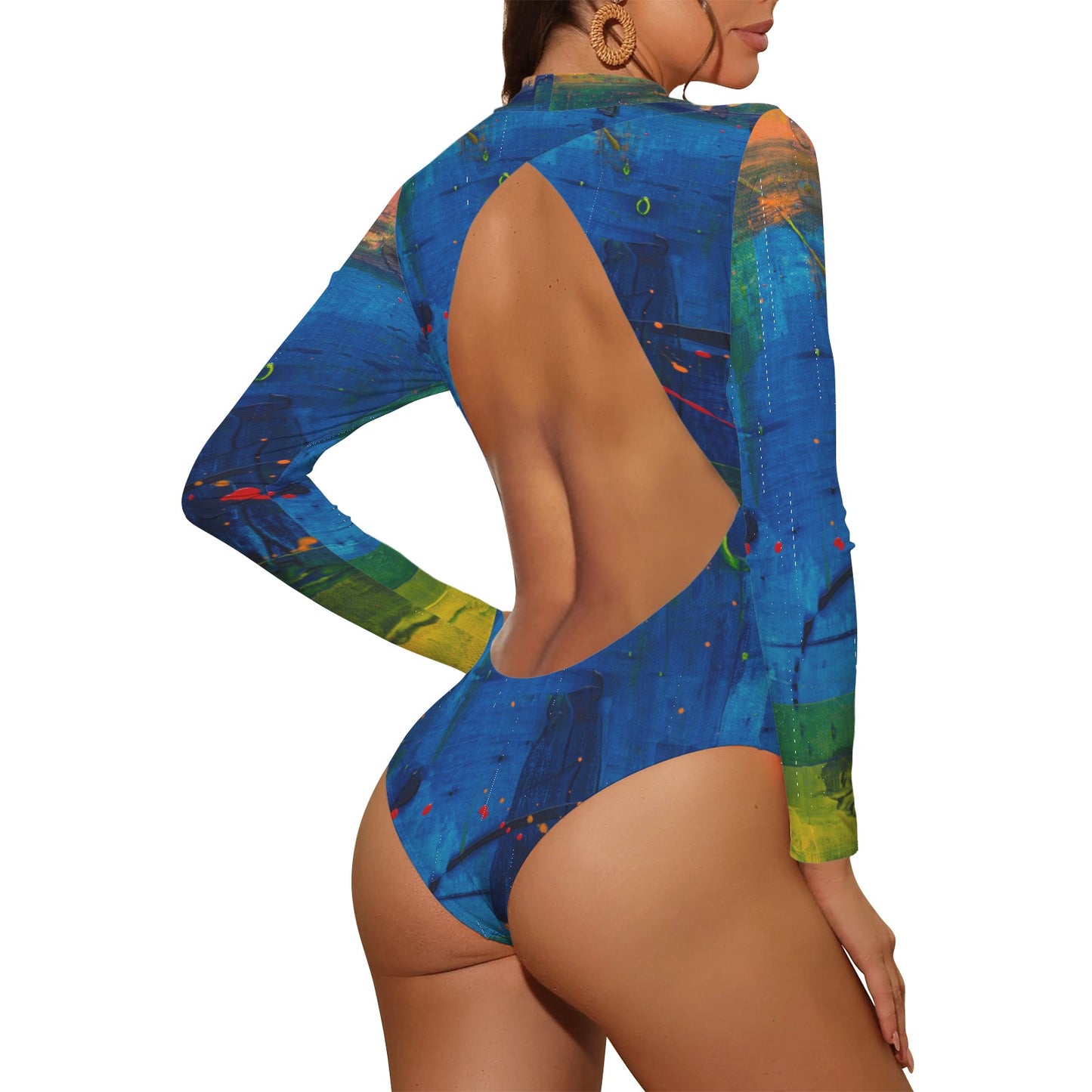 Blue Canvas Backless Long Sleeve Swimsuit