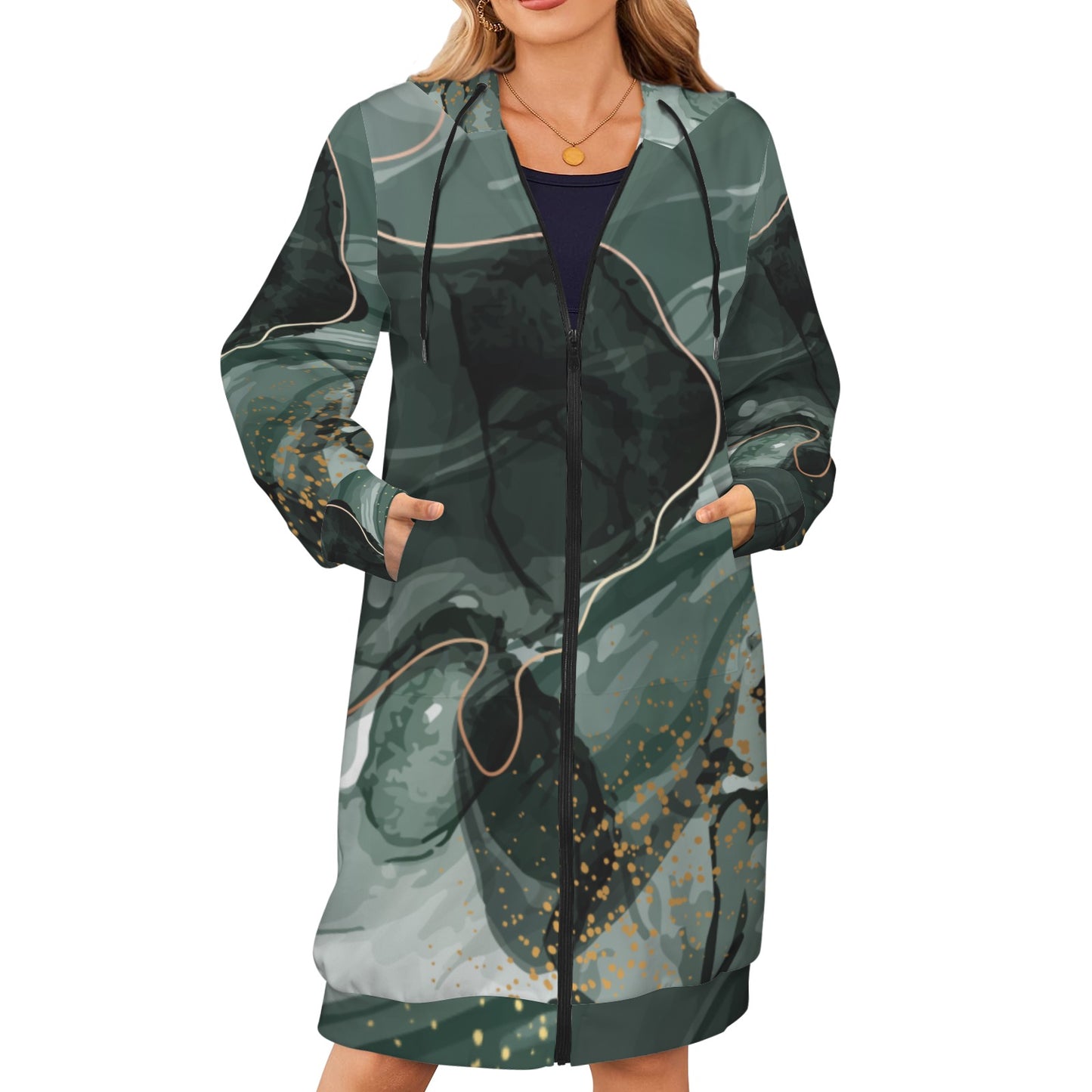Green Marble Women's Long Hooded Coat