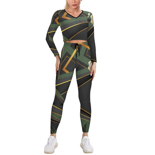 Green Abstract V-neck Long Sleeve Yoga Set