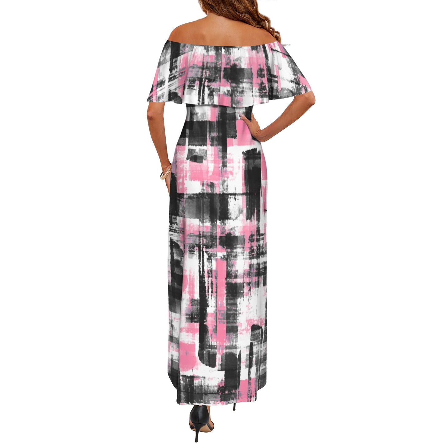 Pink, Black & White Women's Off Shoulder Dress