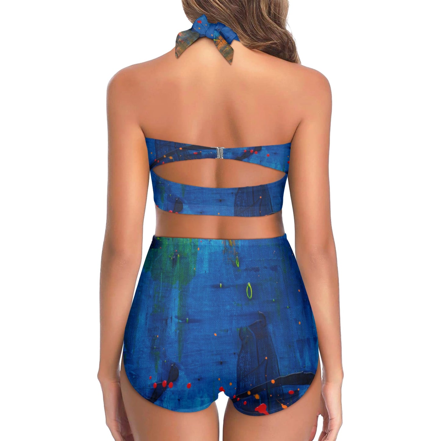 Blue Canvas Halter Neck Gather Chest Swimsuit