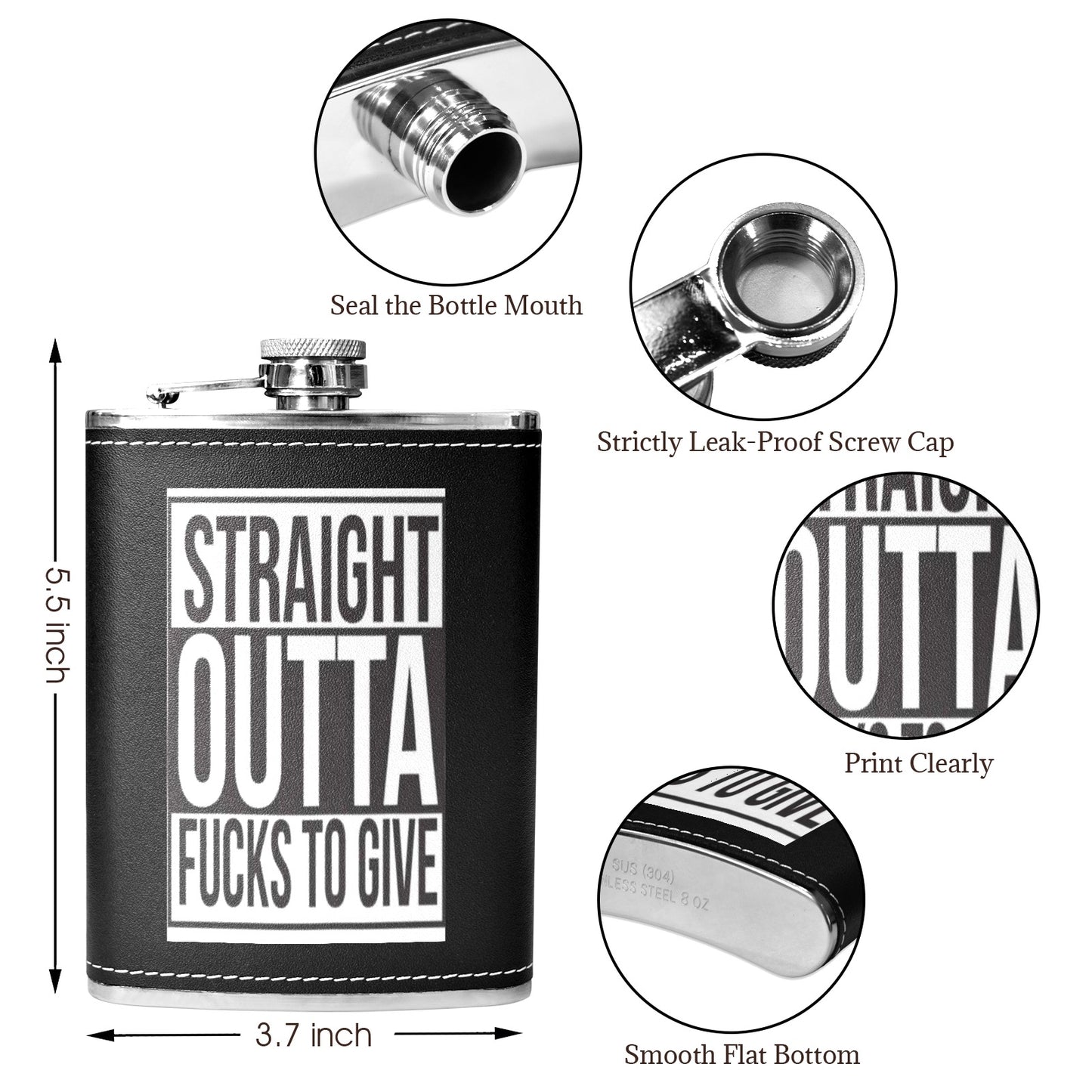 Straight Outta Fuxxs 8oz Black Leather Hip Flask