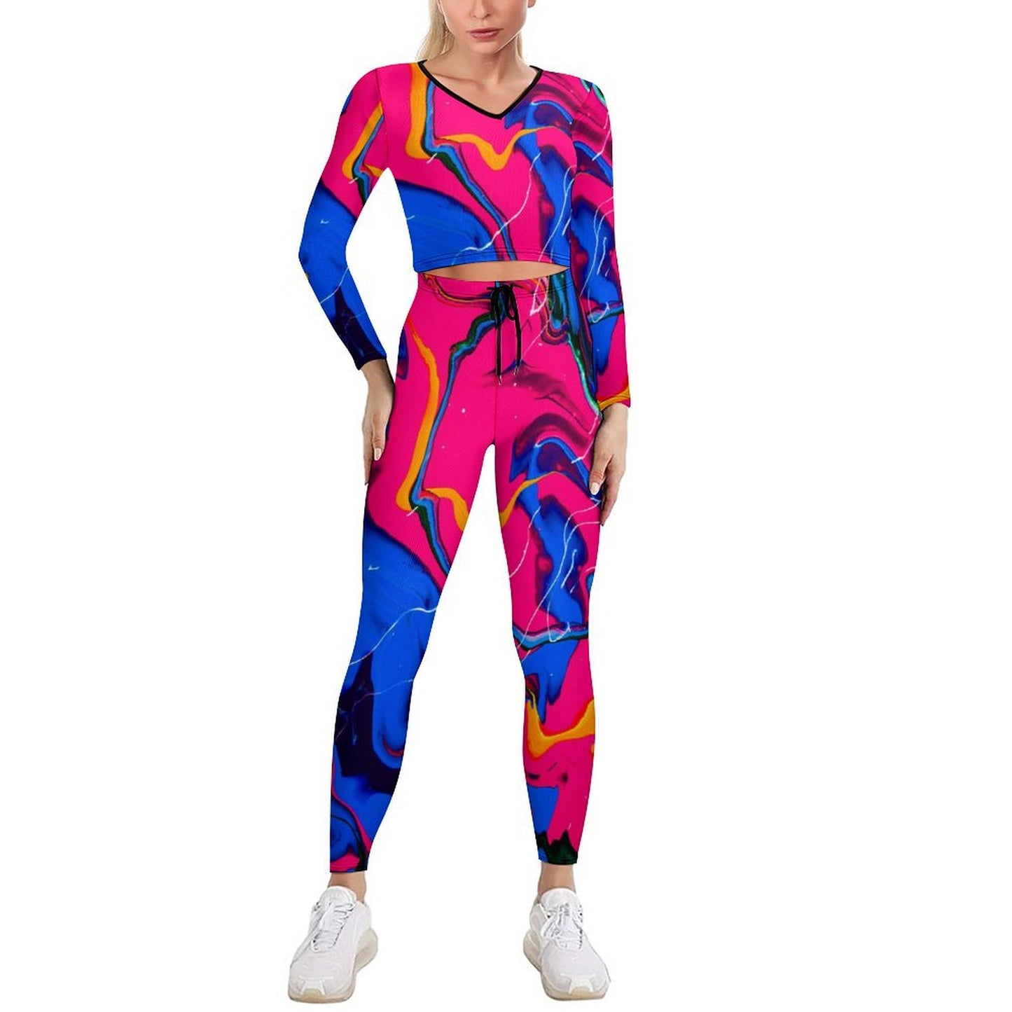 Bright Blue Pink V-neck Long Sleeve Yoga Set