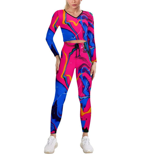 Bright Blue Pink V-neck Long Sleeve Yoga Set