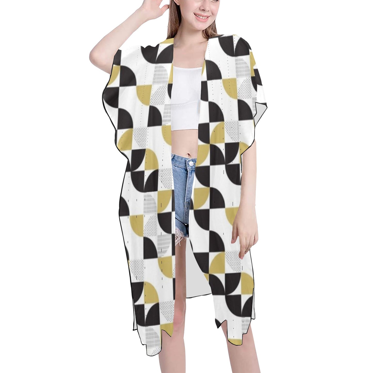 Black and Tan Geometric Chiffon Cover Ups