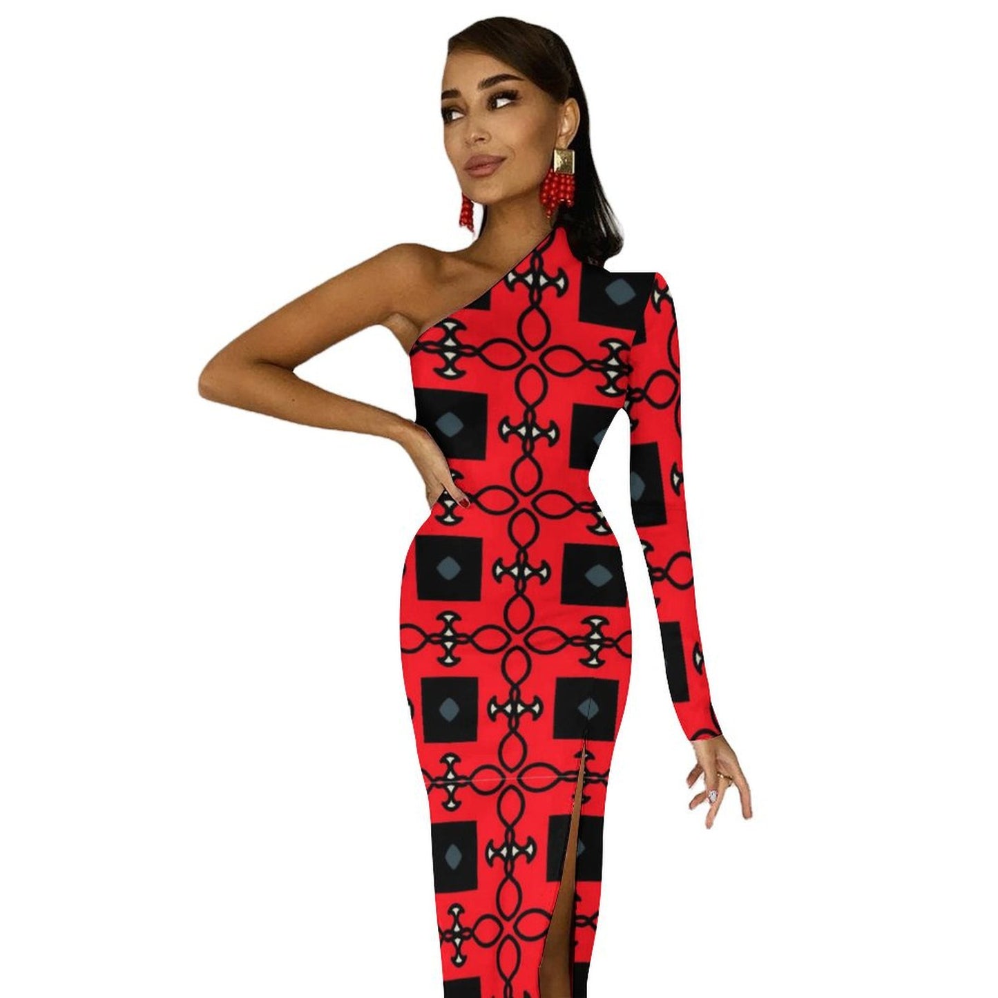 Black and Red Fashion One-Shoulder Maxi Dress