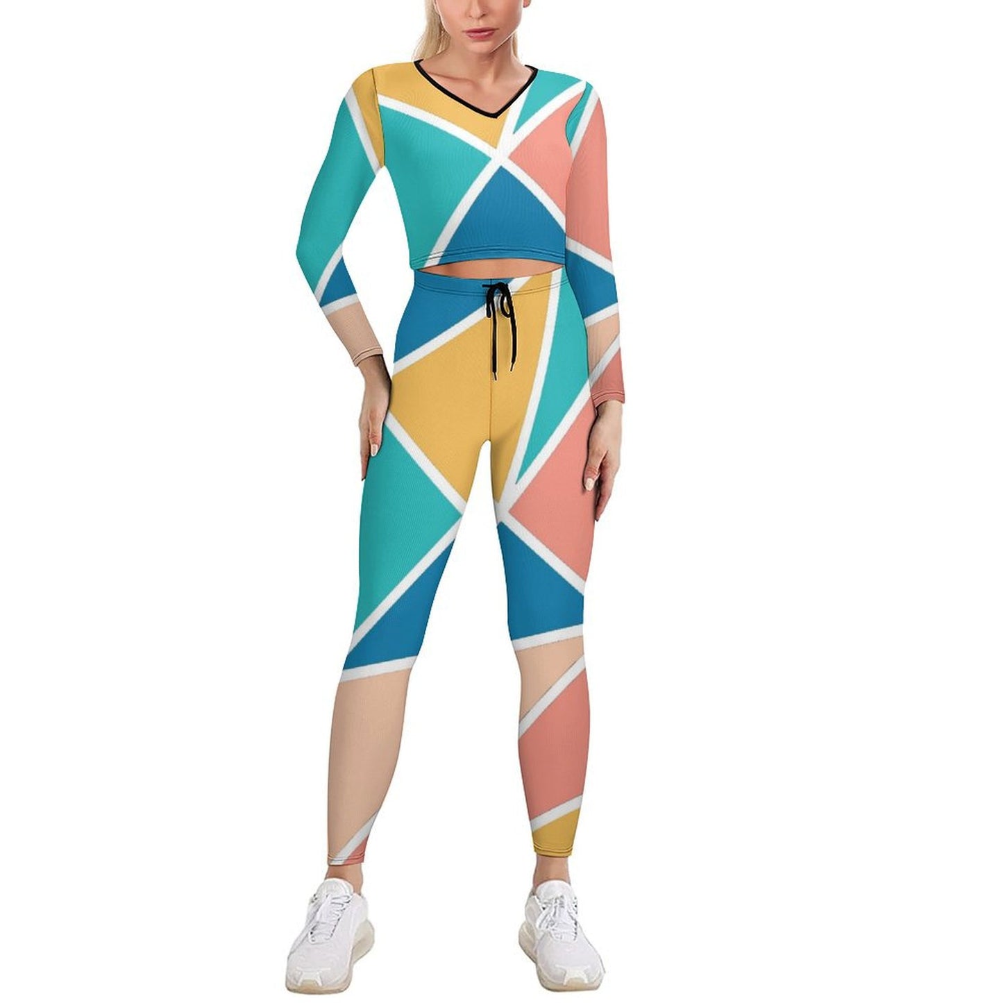 Colorful Triangle V-neck Long Sleeve Yoga Set