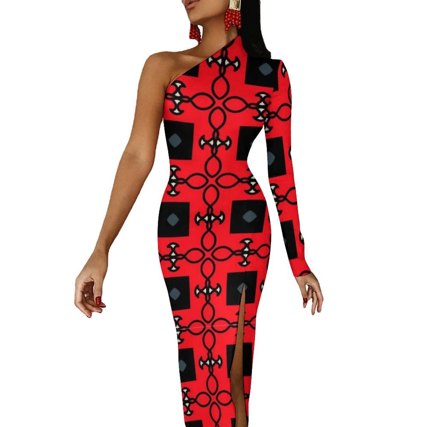 Black and Red Fashion One-Shoulder Maxi Dress