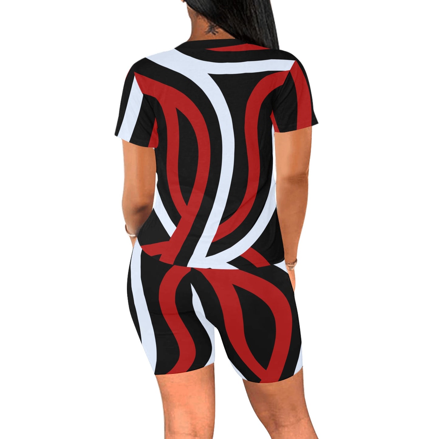 Red Black and White Lines Women's Short Yoga Set