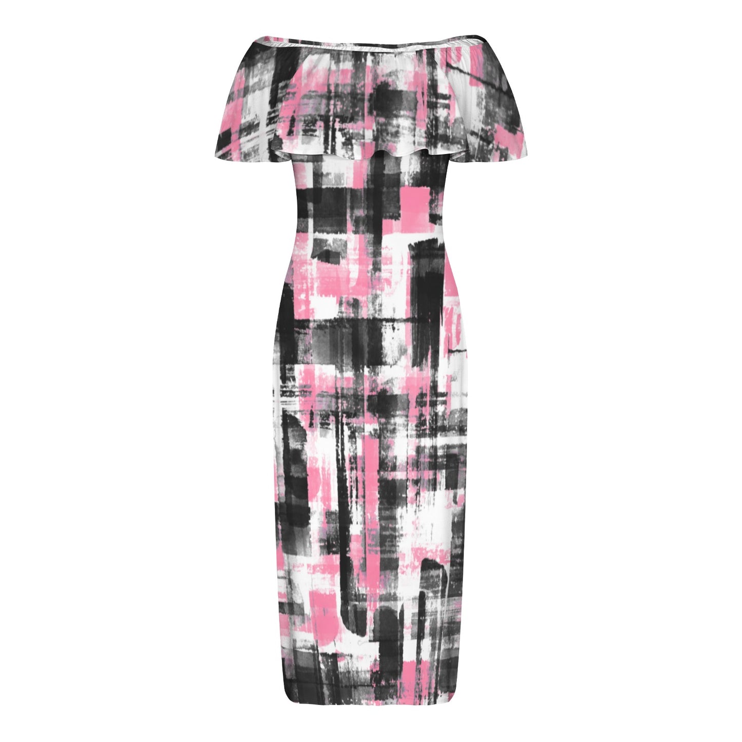 Pink, Black & White Women's Off Shoulder Dress