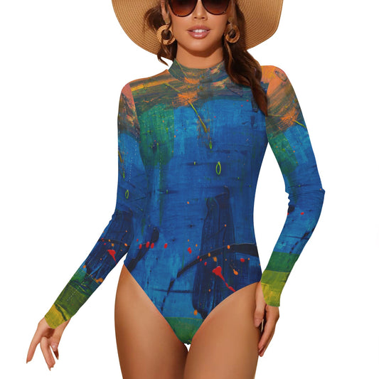 Blue Canvas Backless Long Sleeve Swimsuit