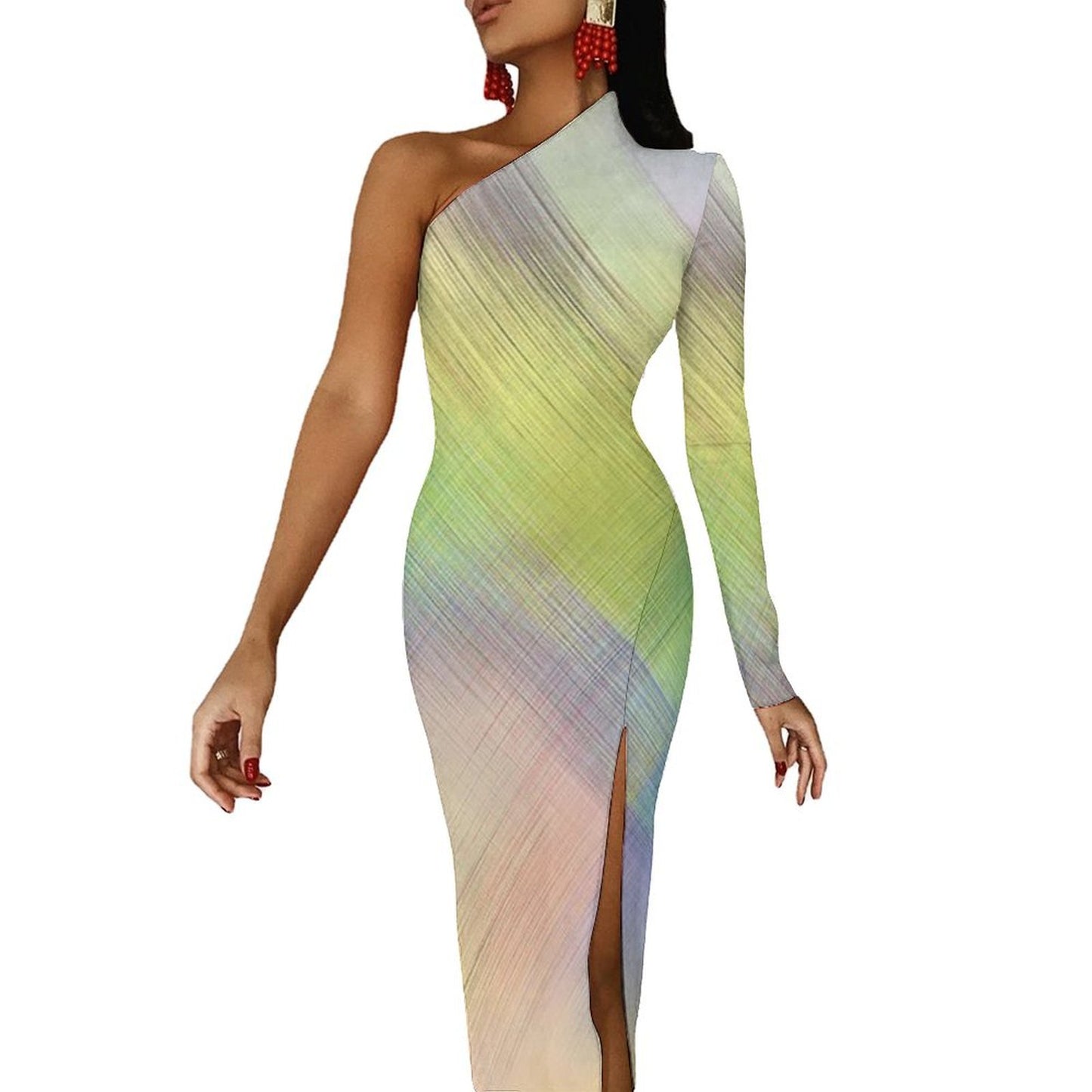 Color One-Shoulder Slit Maxi Dress