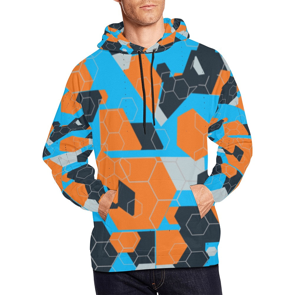 Blue and Orange Geometric Hoodie for Men