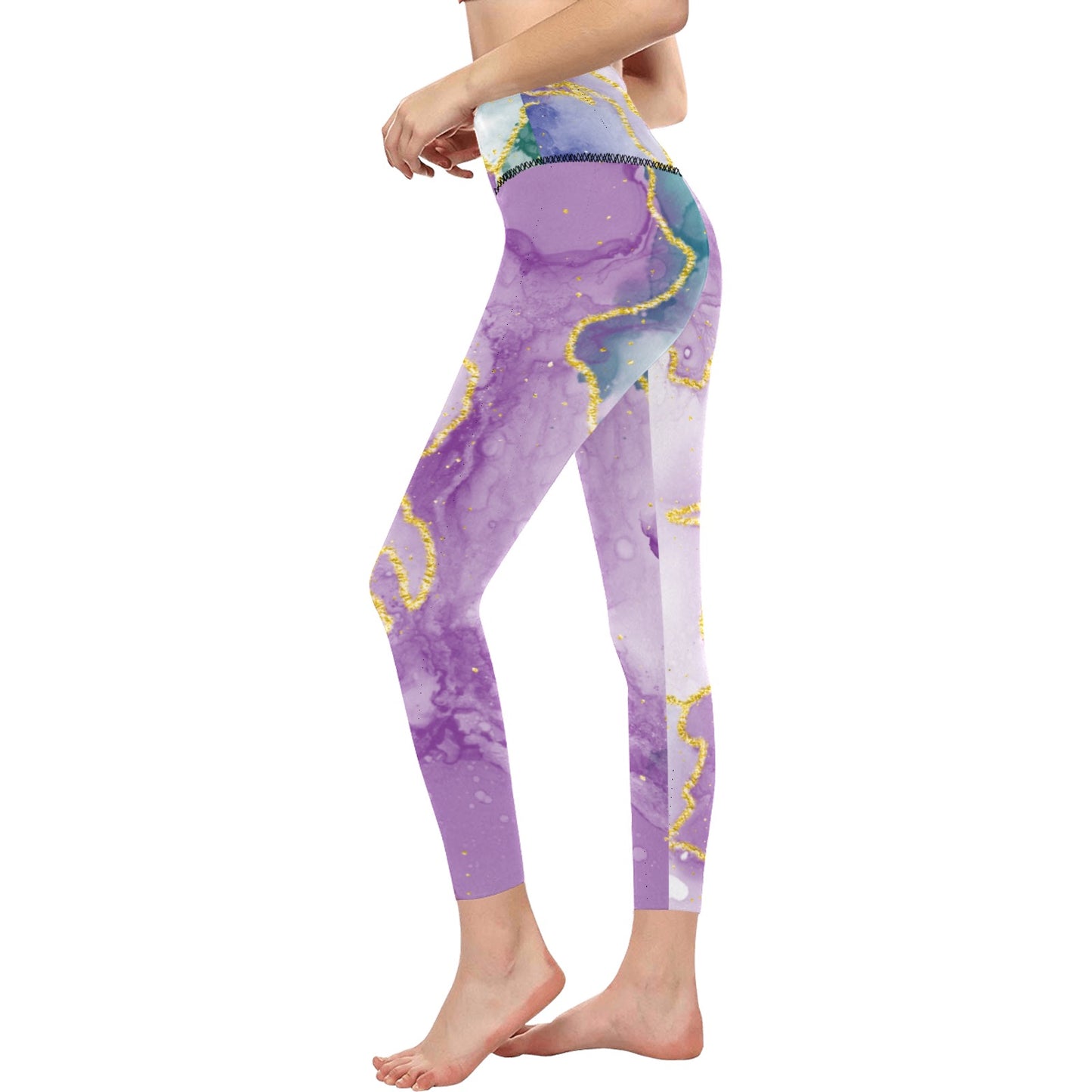 Purple, Green Marble High-Waisted Leggings