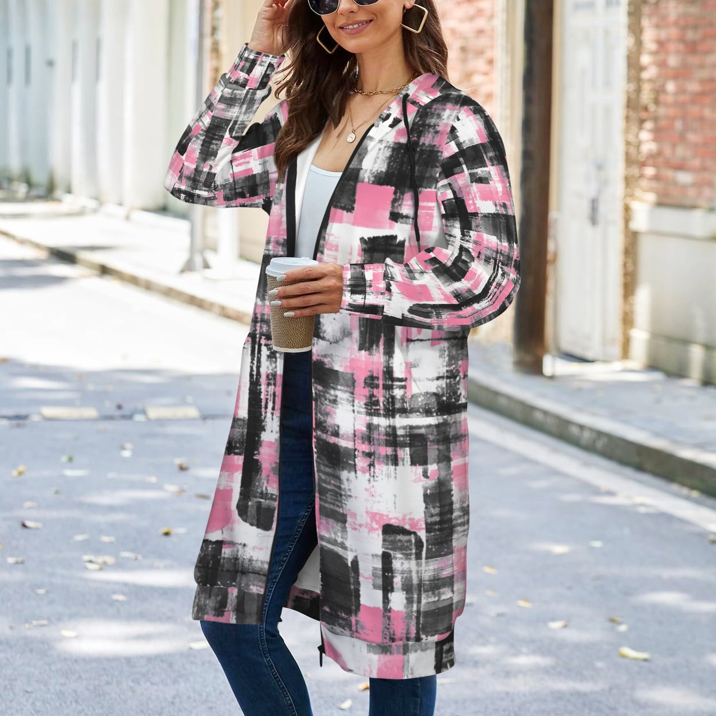 Pink, Black & White Women's Long Hooded Coat
