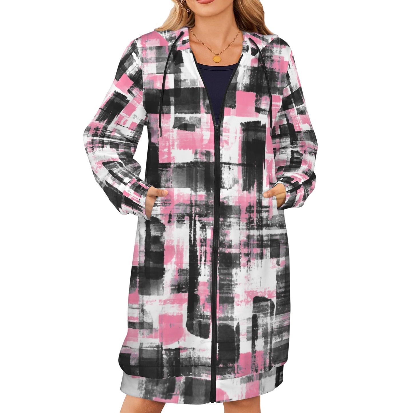 Pink, Black & White Women's Long Hooded Coat