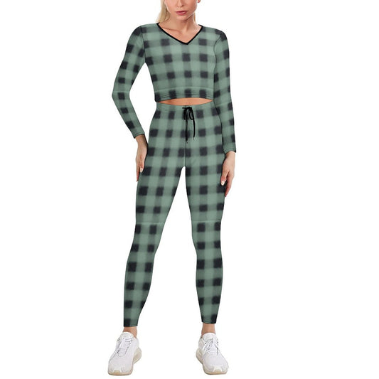 Black and Green V-neck Long Sleeve Yoga Set
