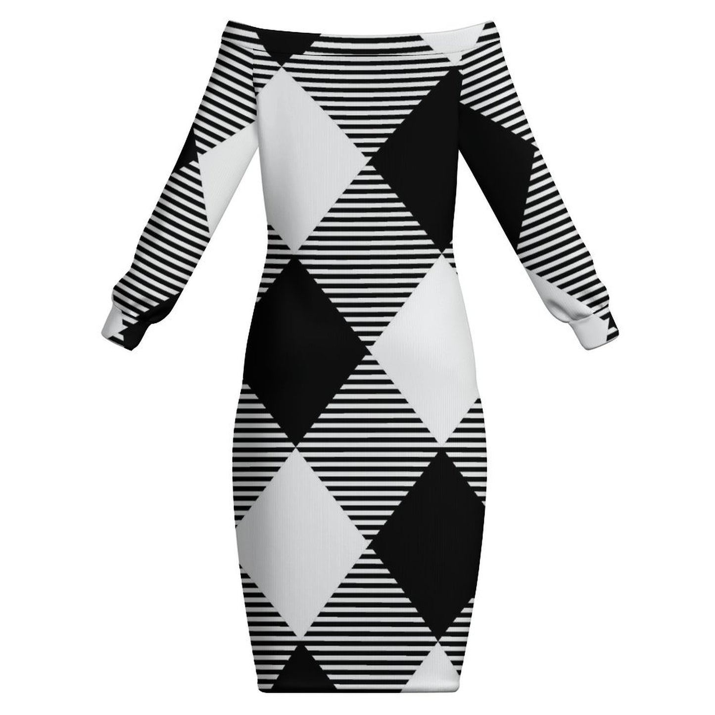 Black and White Off-the-Shoulder Long Sleeve Dress