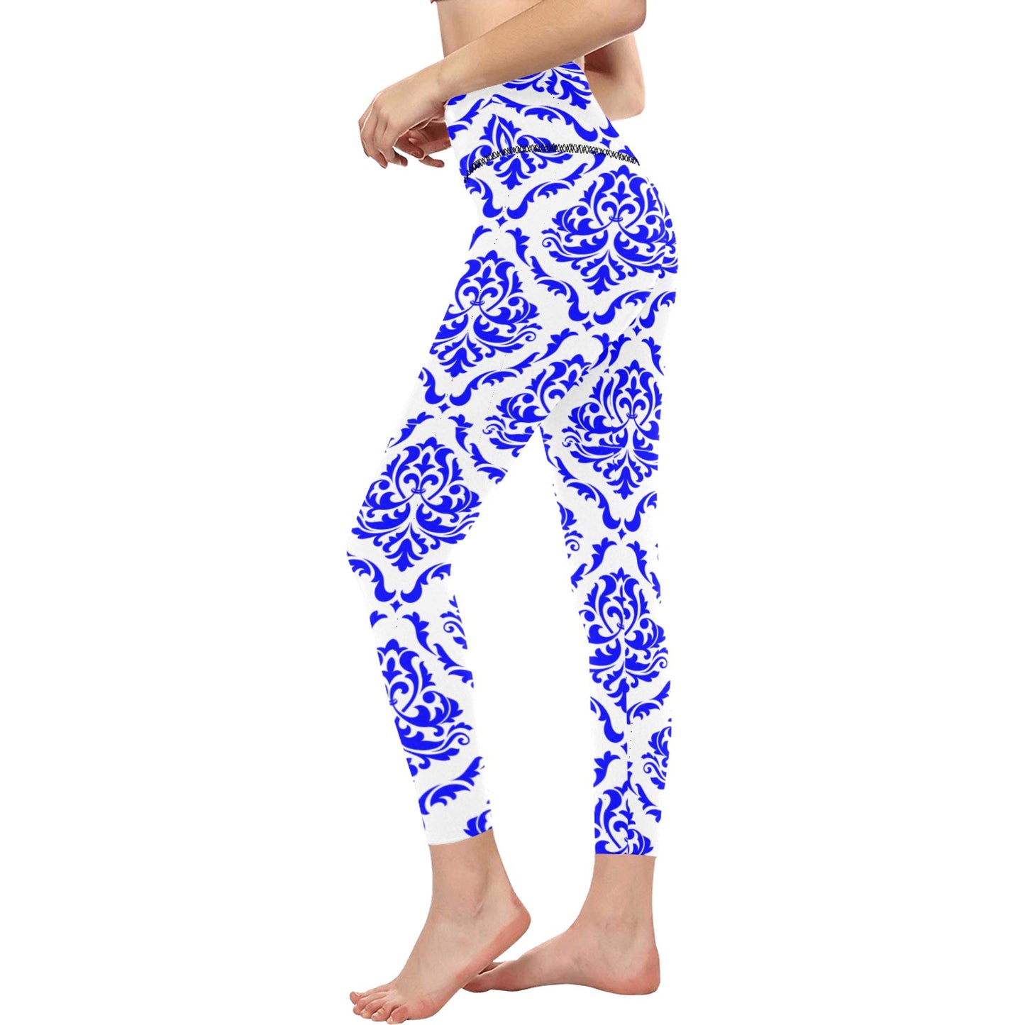 White & Royal Blue High-Waisted Leggings