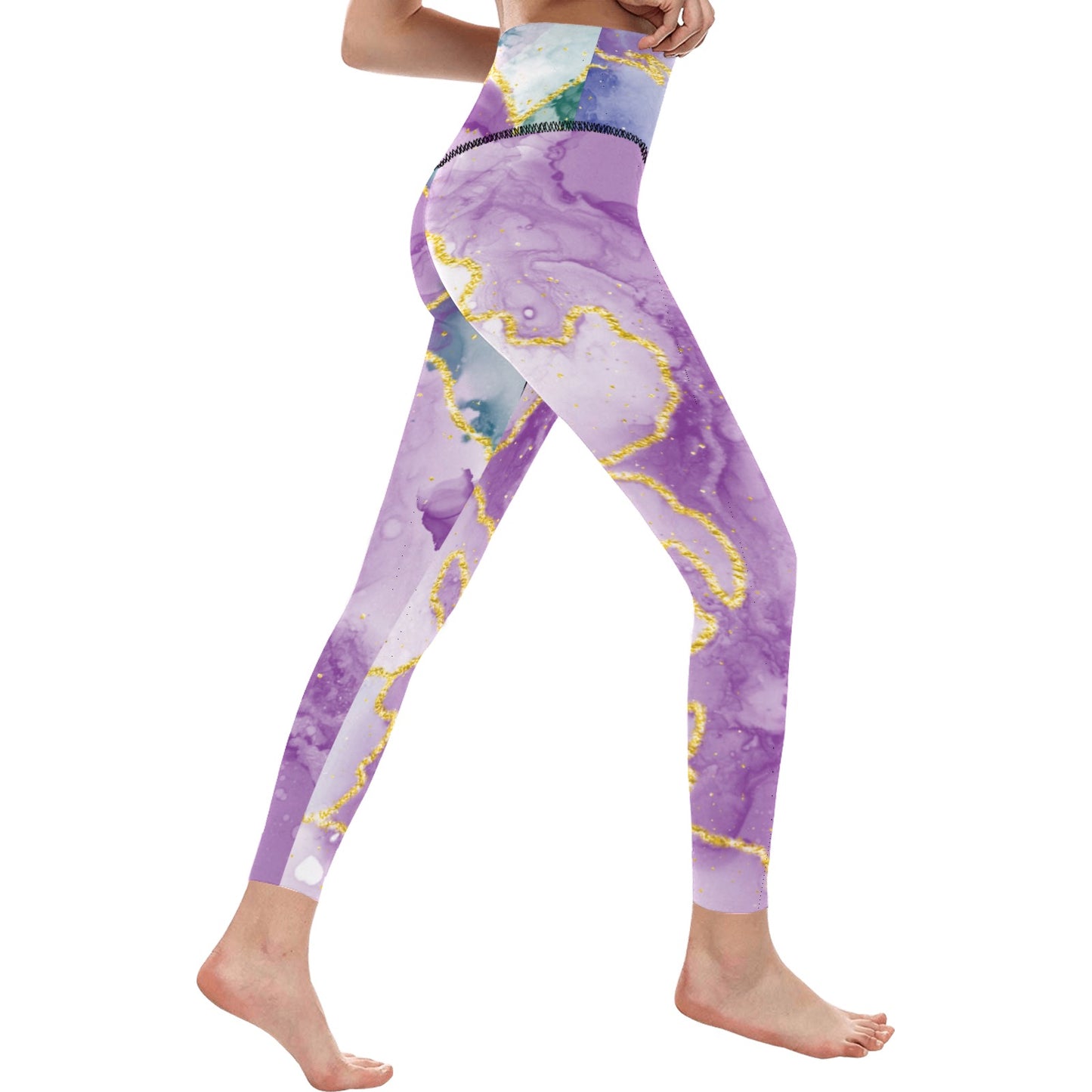 Purple, Green Marble High-Waisted Leggings