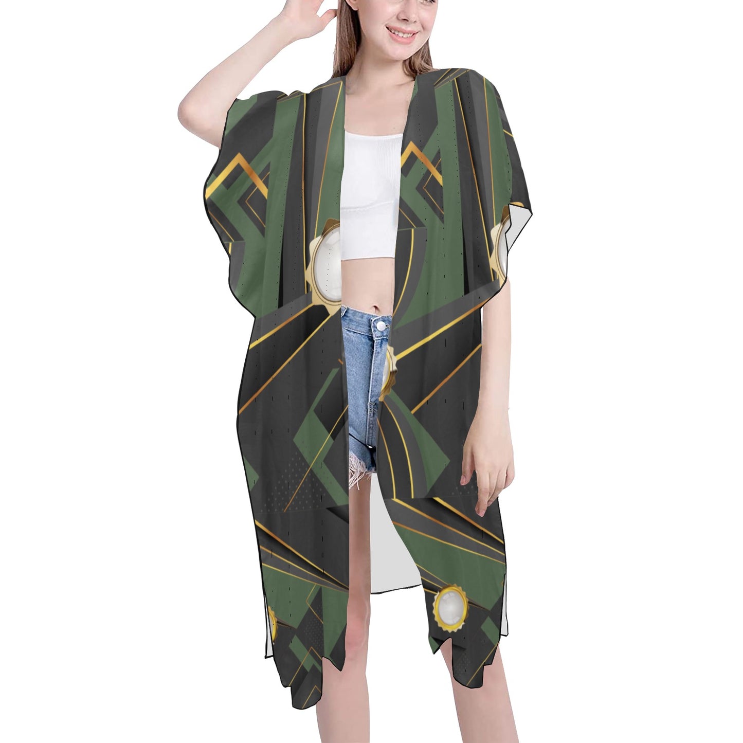 Army Green Abstract Chiffon Cover Ups