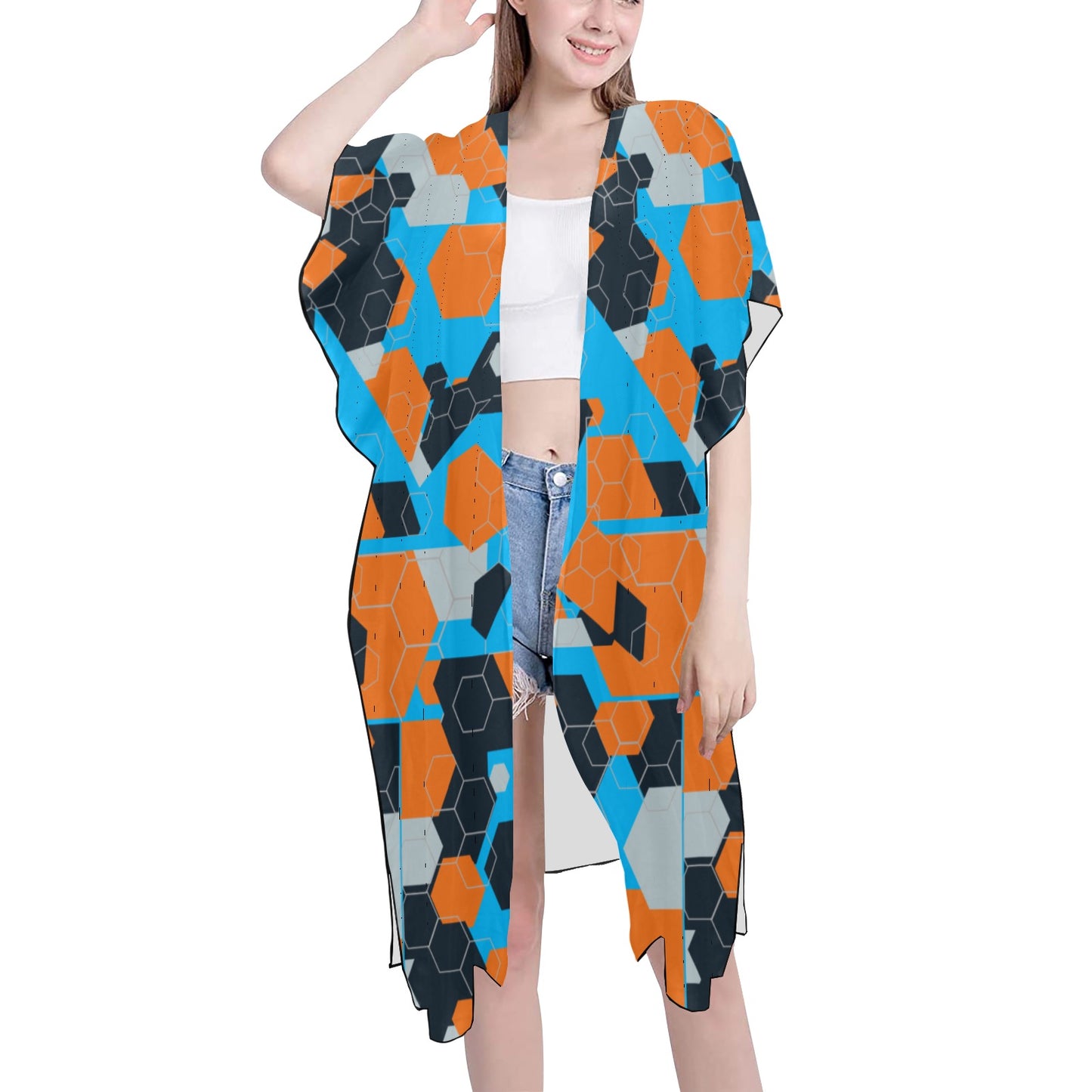 Blue and Orange Geometric  Chiffon Cover Ups