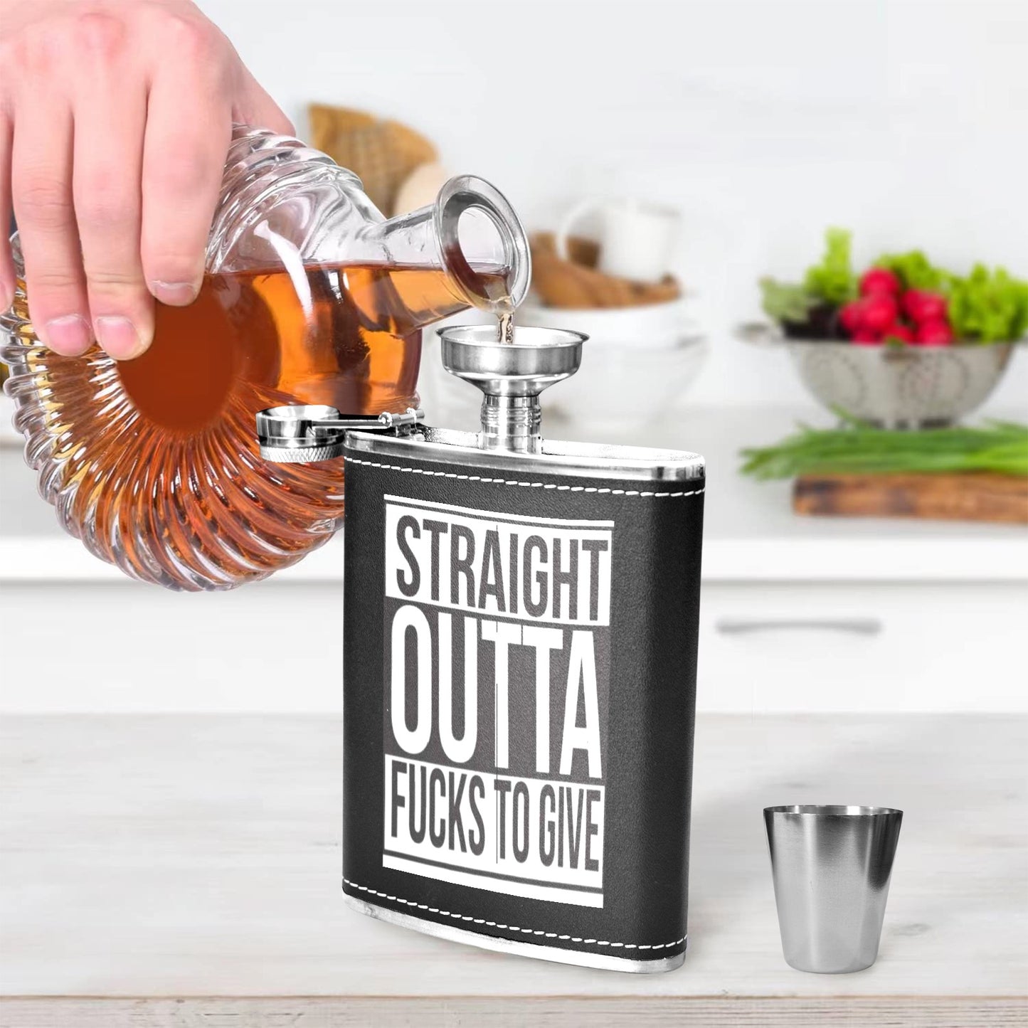 Straight Outta Fuxxs 8oz Black Leather Hip Flask