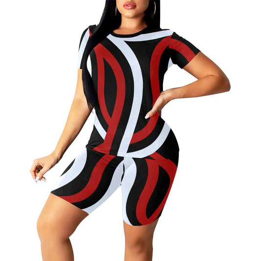Red Black and White Lines Women's Short Yoga Set