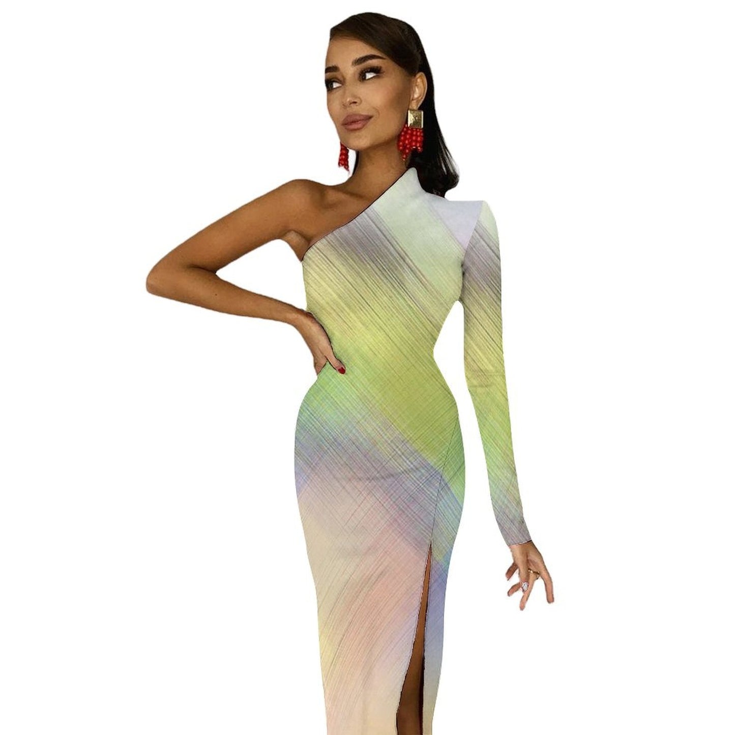 Color One-Shoulder Slit Maxi Dress