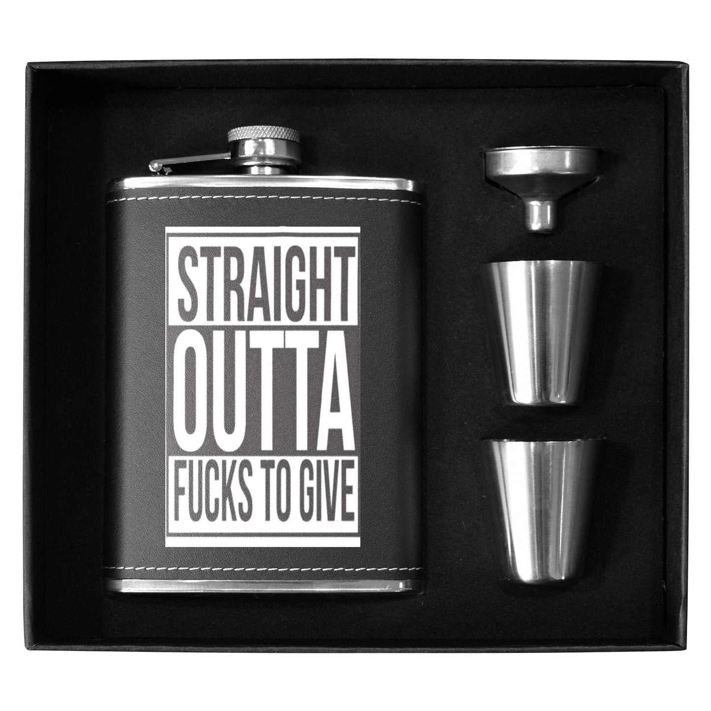 Straight Outta Fuxxs 8oz Black Leather Hip Flask