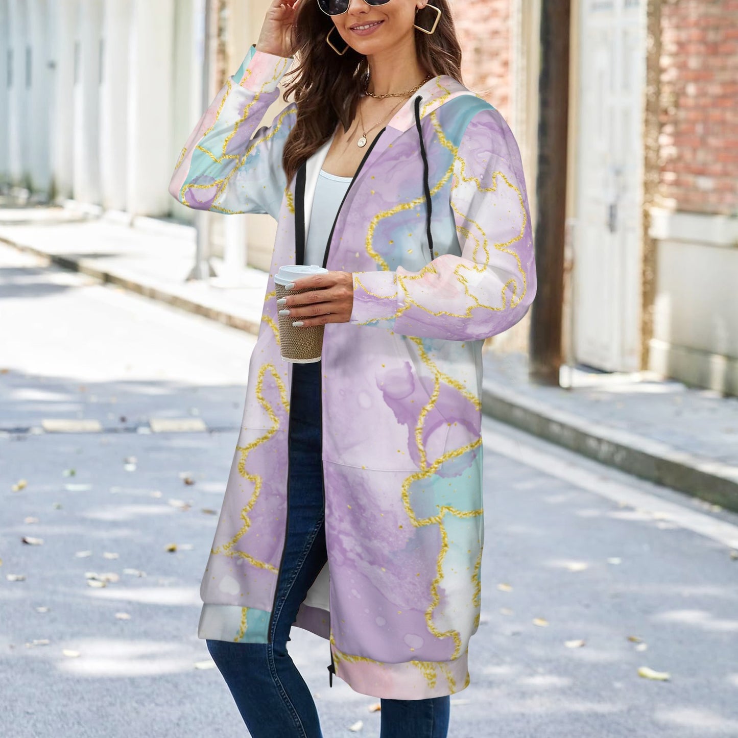 Pastel Marble Women's Long Hooded Coat