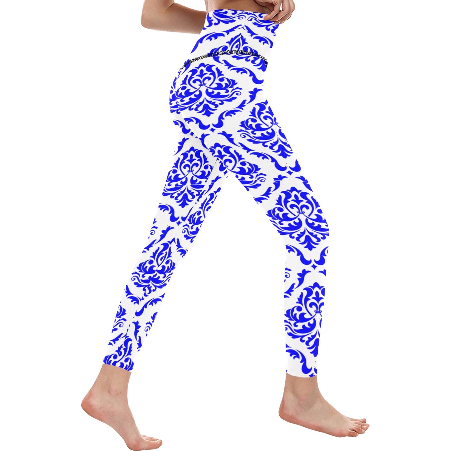 White & Royal Blue High-Waisted Leggings