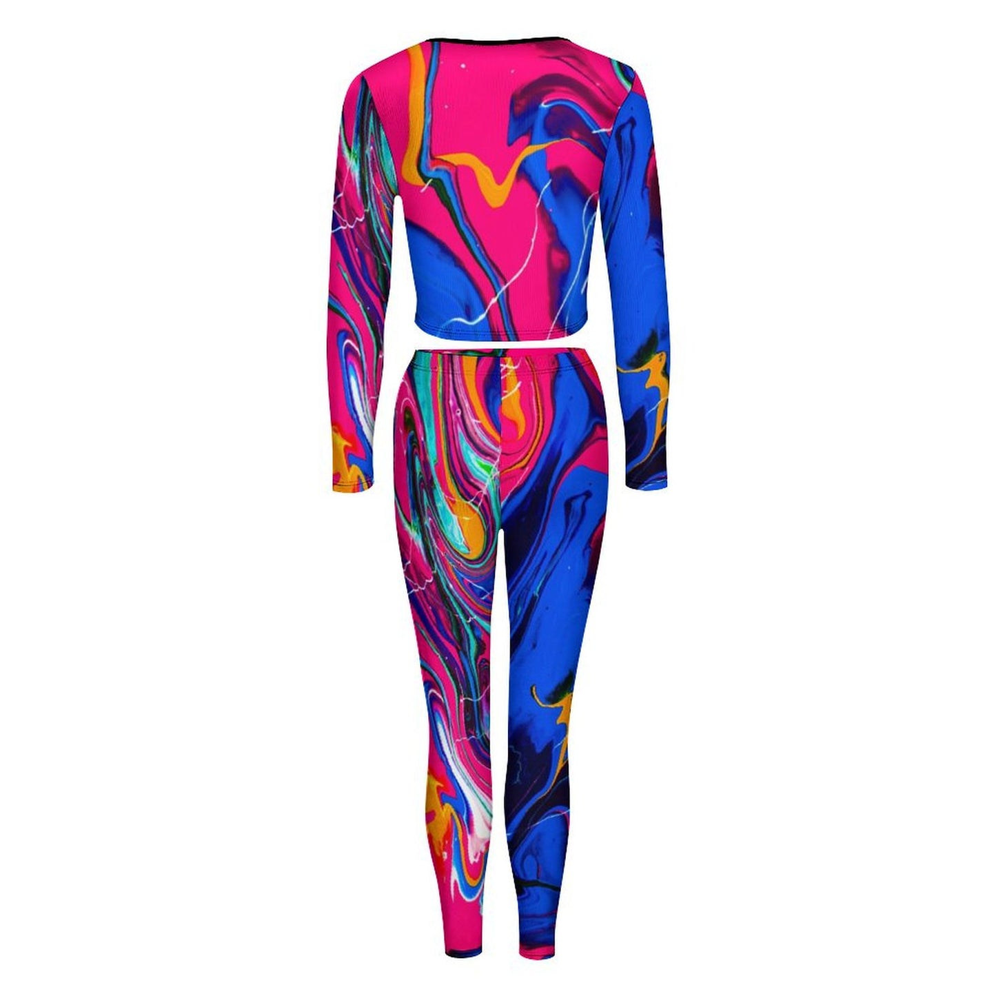 Bright Blue Pink V-neck Long Sleeve Yoga Set