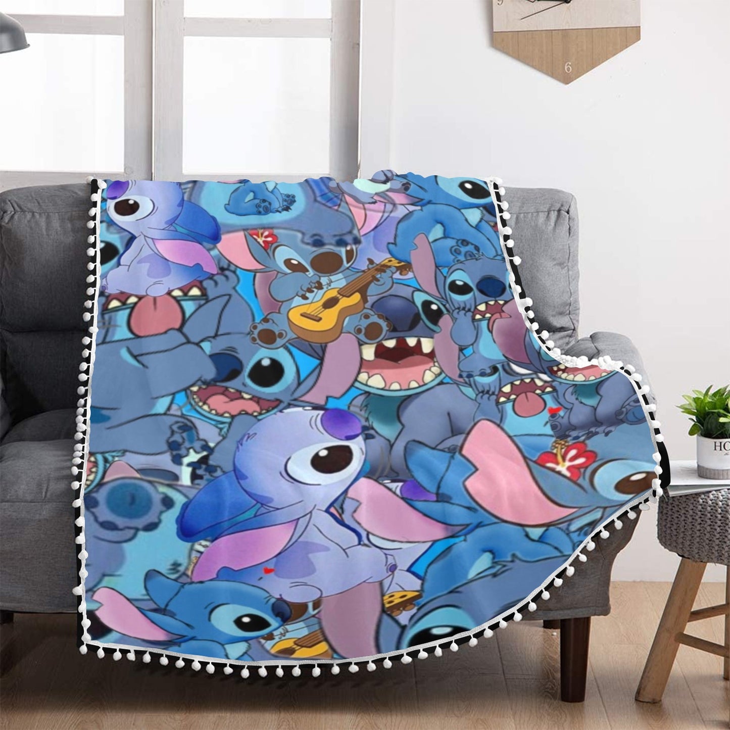 Lilo and Stitch Pom Pom Fringe Blanket 30"x40"