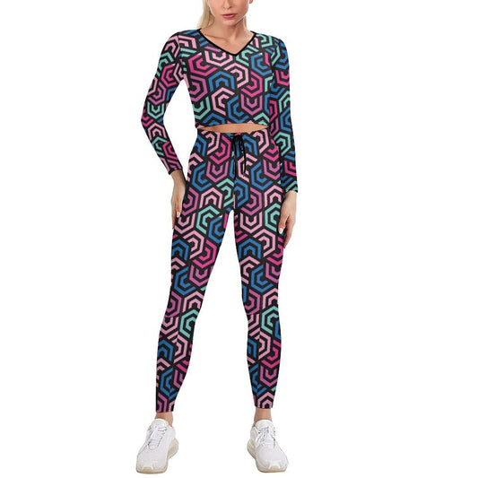 Color Polygon V-neck Long Sleeve Yoga Set